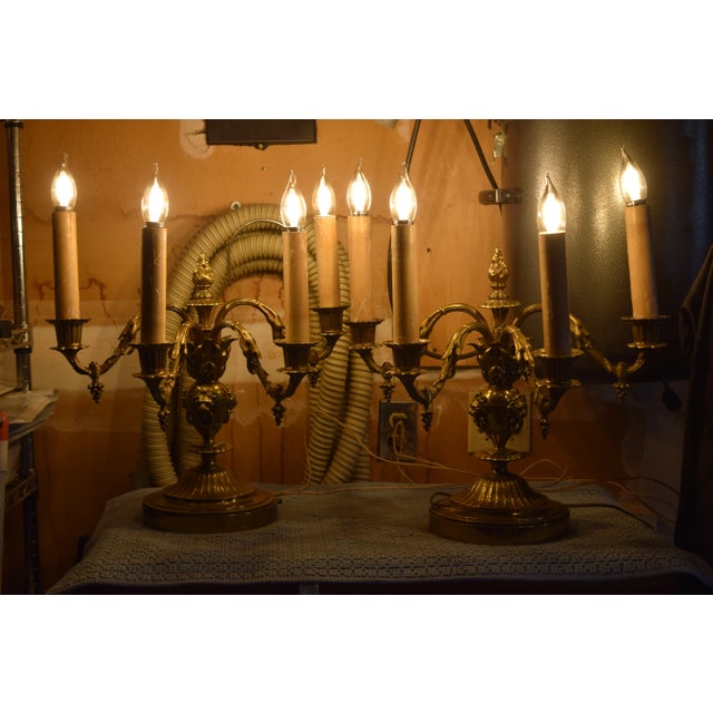 Pair of Early 20th Century Table Top 4 Lights Candelabra Victorian Style Lamps with Lion Heads in Brass For Sale - Image 12 of 12