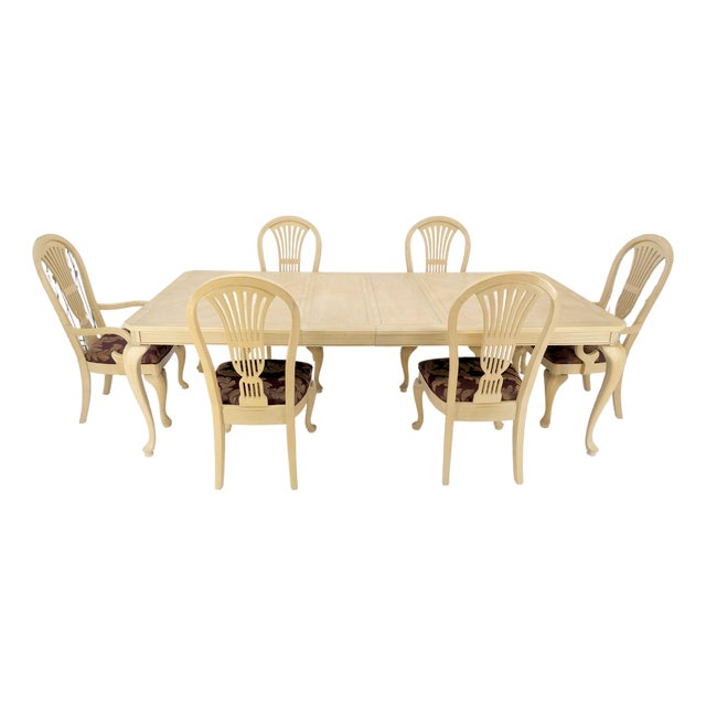 Queen An Style White Wash Dining Table 6 Chairs Set by Century Furniture MINT For Sale