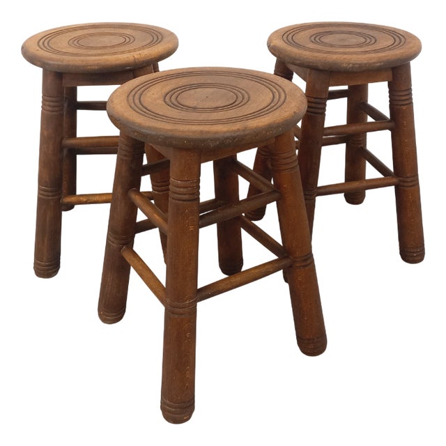 Vintage Wooden Stools, 1960s, Set of 3 For Sale
