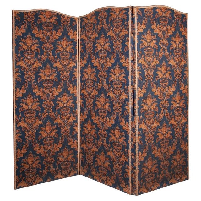 Antique Room Divider Paravent Folding Screen with Blue and Gold Fabric, 1900 For Sale - Image 11 of 11