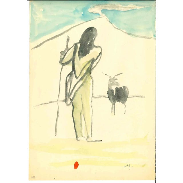 The Shephard is a Watercolor Drawing realized by Mino Maccari (1924-1989) in the Mid-20th Century. Hand-signed on the...