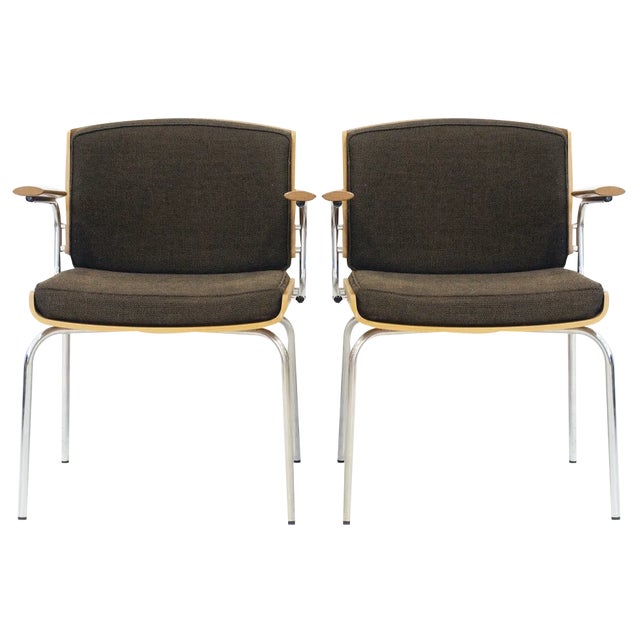 Set of Oak Plywood and Tubular Steel Armchairs, 1970s For Sale