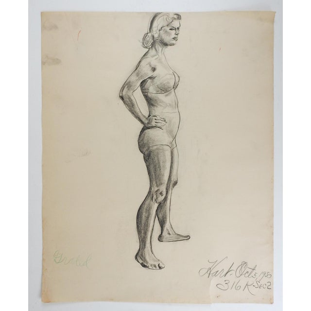 Mid-Century Modern Vintage Mid 20th Century Charcoal Portrait Drawing of Woman For Sale - Image 3 of 4