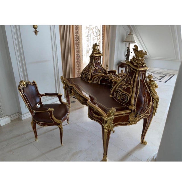 Rococo François Linke Style Mahogany Desk and Chair Set Gilded Bronze For Sale - Image 3 of 5