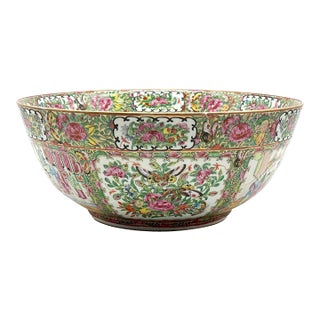 Chinese Export Porcelain Rose Medallion Large Punch Bowl For Sale