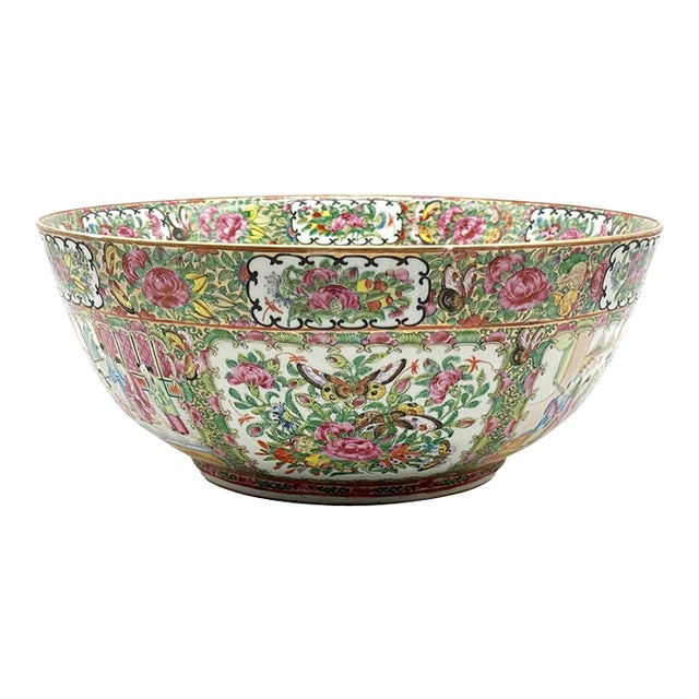 Chinese Export Porcelain Rose Medallion Large Punch Bowl For Sale