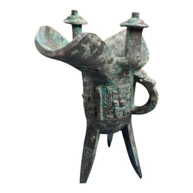 Chinese Archaic-Style Bronze Jue Wine Vessel Sculpture With Verdigris Patina For Sale