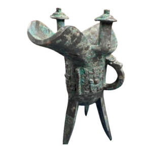 Chinese Archaic-Style Bronze Jue Wine Vessel Sculpture With Verdigris Patina