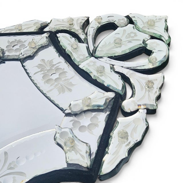 Antique Italian Venetian Etched Glass Cartouche Wall Mirror With Floral Rosettes For Sale - Image 10 of 12