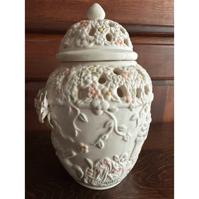 Vintage Late 1900s Large Ceramic Ivory Colored Floral & Birds Potpourri Diffuser Ginger Jar For Sale - Image 4 of 12