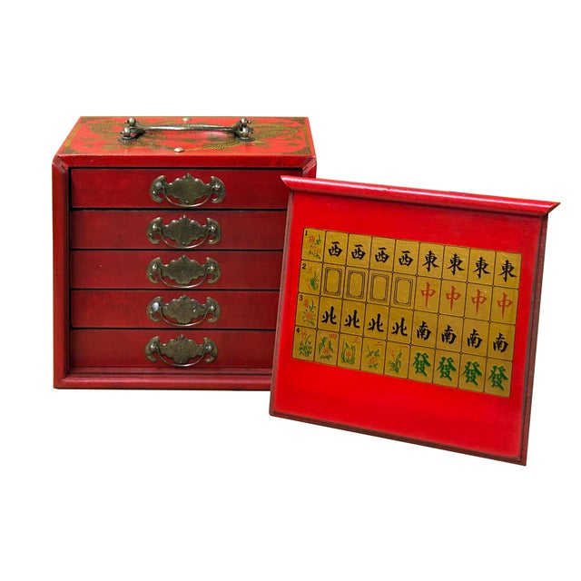 Red Chinese Flower Bird Red Vinyl Box Small Size Mahjong Tiles Game Set For Sale - Image 8 of 11