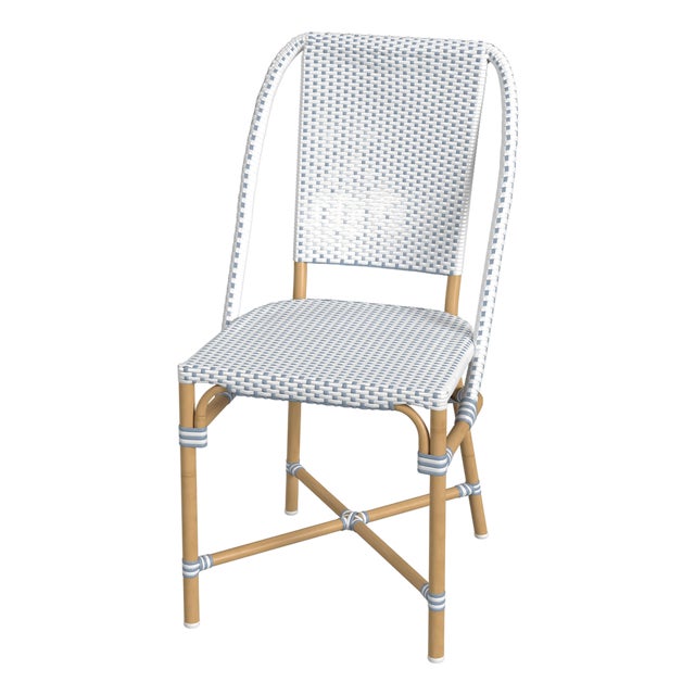 Tobias 18.5 in. Seat Height Outdoor Rattan and Metal Dining Side Chair, White/Sky Blue Dot / Natural Rattan Frame For Sale