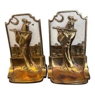 Early 20th Century Art Deco Brass Enamel Bookends Chinese Woman Flute Moonlight Sonata For Sale