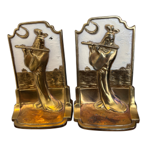 Early 20th Century Art Deco Brass Enamel Bookends Chinese Woman Flute Moonlight Sonata