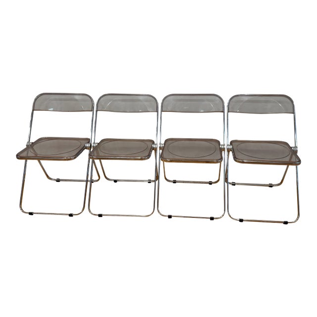 Vintage Castelli Italy Chrome & Glass Dining Set – 4 Piretti Style Lucite Chairs For Sale