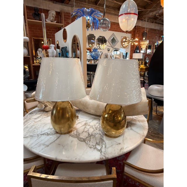 1970s Brass Table Lamps With Cream Fabric Shades - a Pair For Sale - Image 4 of 9