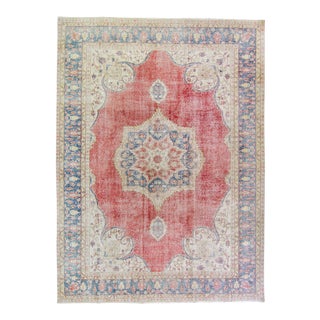 House of Séance - 1960s Vintage Isparta Oushak Geometric Red Large Wool Pile Hand-Knotted Rug - 8’3” X 11’2” For Sale