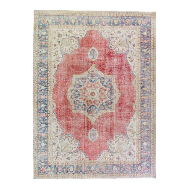 House of Séance - 1960s Vintage Isparta Oushak Geometric Red Large Wool Pile Hand-Knotted Rug - 8’3” X 11’2” For Sale