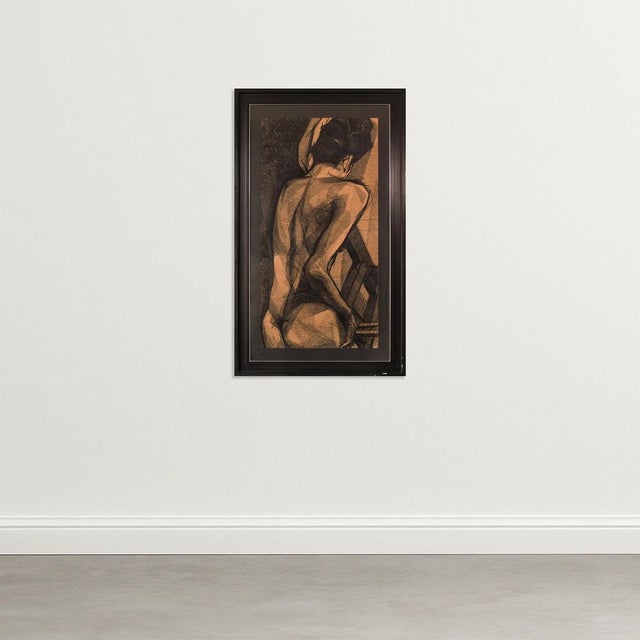 The unique style of this dramatic composition manipulates the woman's figure, giving it a striking sculptural quality....