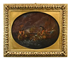 Ilario Mercanti / Lo Spolverini, Night Naval Battle, 1700, Oil on Copper, Framed
