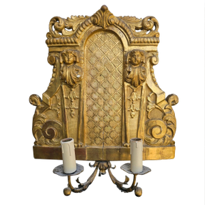 17thc Italian Antique Renaissance Gilded Wood Large Cherub/ Putti 2 Light Wall Sconce
