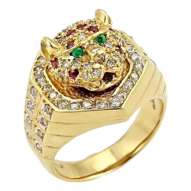 Tiger Head 18k Gold Diamond Ruby Emerald Moving Ring, Size 7.5 For Sale
