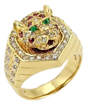 Tiger Head 18k Gold Diamond Ruby Emerald Moving Ring, Size 7.5