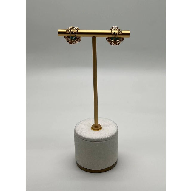 Early 21st Century Blue Teal Turquoise Diamonds Halo Floral 14k Yellow Gold Statement Earrings - Set of 2 For Sale - Image 5 of 12