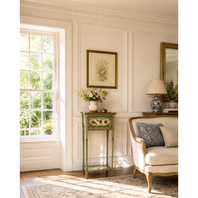 Handcrafted hand-painted accent table in a soft sage green finish featuring a charming scene of free-range hens among...