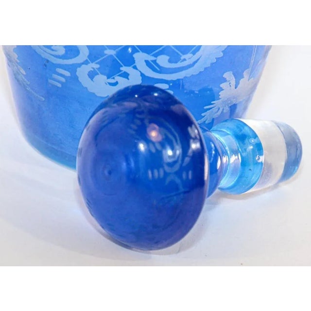 Glass Antique Bohemian Blue Engraved Glass Bottle Covered Decanter For Sale - Image 7 of 13
