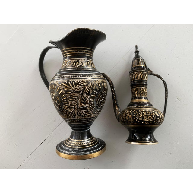 Metal Engraved Brass Jugs, Set of 2 For Sale - Image 7 of 15