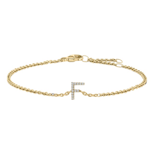 10K Yellow Gold Diamond Accent "F" Initial Charm and Link Bracelet For Sale