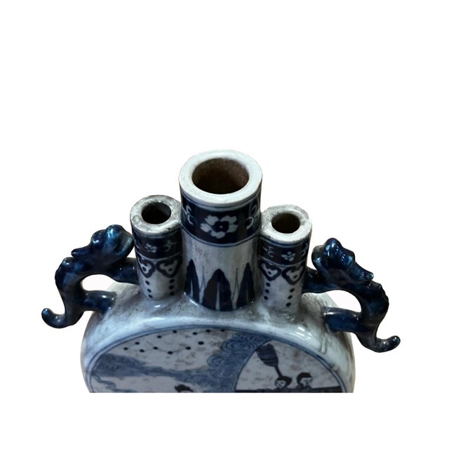 Chinese Chinese Blue White Porcelain Round Flat Body People Theme Vase For Sale - Image 3 of 6