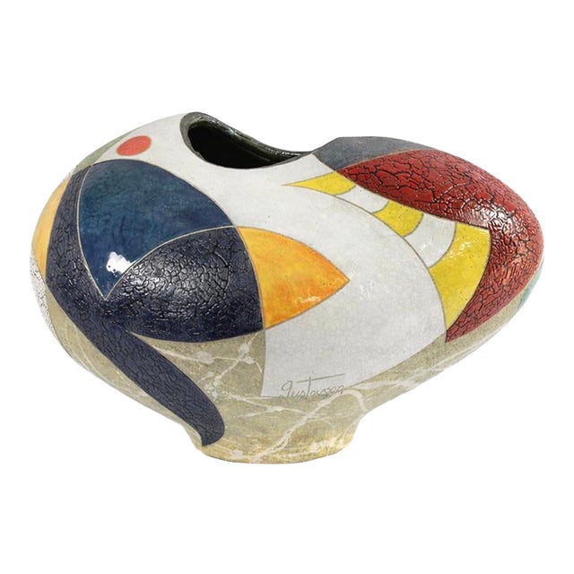 "Dream a Little" by Michael Gustavson, Raku Ceramic Vessel, Deep Navy and Orange Glaze, Miro-Inspired, Contemporary California Art, Vibrant Colors For Sale