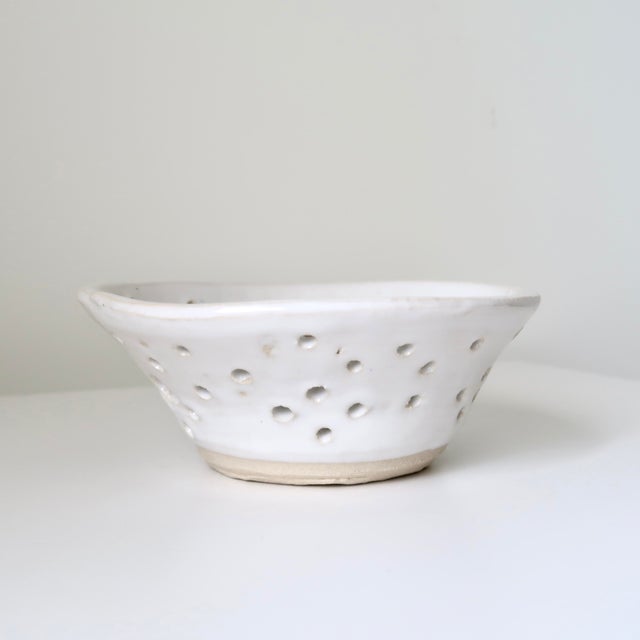 Ceramic Handmade White Studio Pottery Decorative Ceramic Colander Berry Bowl For Sale - Image 7 of 12