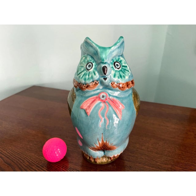 Turquoise Midcentury French Majolica Owl Pitcher For Sale - Image 8 of 16