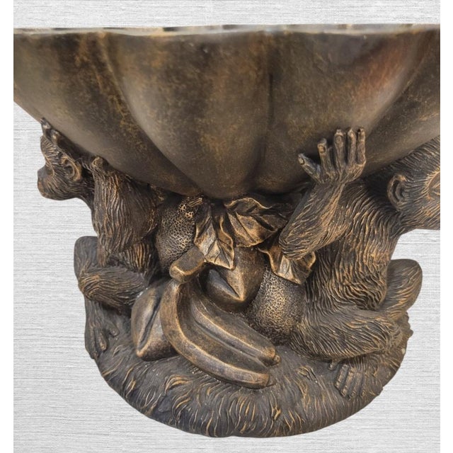 Bronze Vintage Large 3 Monkey Scalloped Palm Beach Regency Decorative Fruit Bowl Table Top Decor For Sale - Image 8 of 8