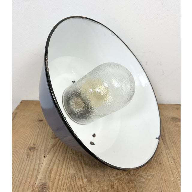 Industrial Blue Enamel and Cast Iron Pendant Light with Glass Cover, 1960s For Sale - Image 16 of 18