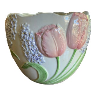 Vintage Pink Tulip and Lilac Ceramic Wastebasket or Planter by Mary Ann Baker For Sale