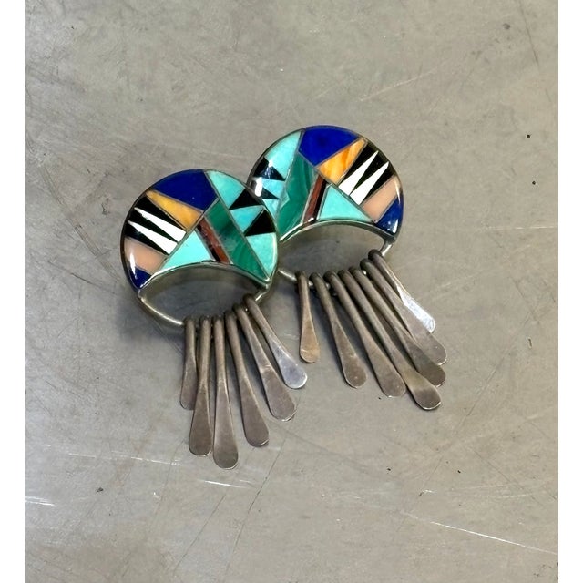 Native American Calvin Begay Navajo Sterling Silver Turquoise/Semiprecious Disc Earrings For Sale - Image 3 of 5