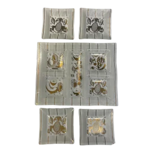Vintage Georges Briard Gold Leaf “Pineapple Ambrosia” Pattern Largescale Glass Tray & 4 Mini Trays
