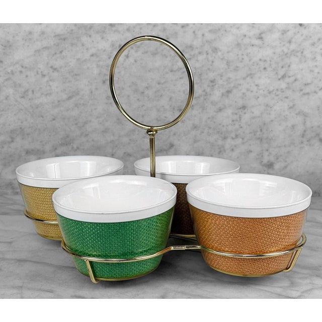 Mid-Century Modern Mid 20th Century Mid-Century Boho Insulated Wicker Acrylic Serving Bowls W/ Caddy - Set of 4 For Sale - Image 3 of 9