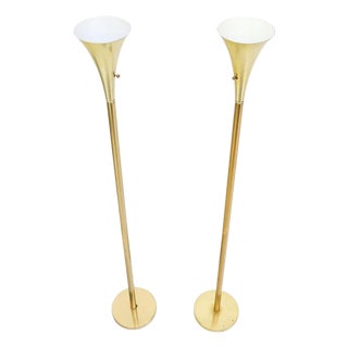 Pair of Mid Century Modern Brass Trumpet Shape Floor Lamps Torcheres For Sale