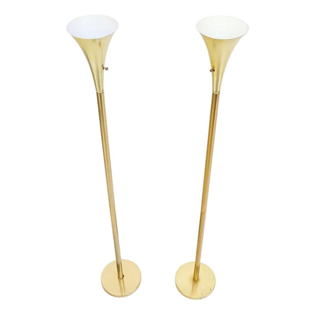 Pair of Mid Century Modern Brass Trumpet Shape Floor Lamps Torcheres For Sale
