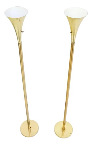 Pair of Mid Century Modern Brass Trumpet Shape Floor Lamps Torcheres