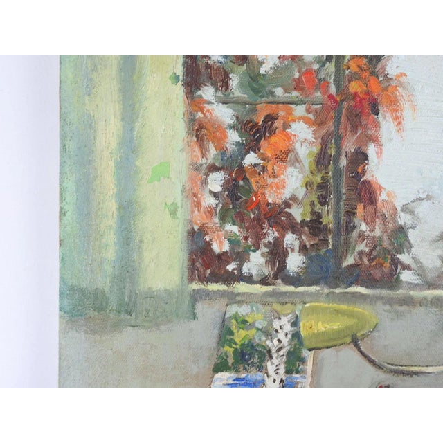 Vintage mid 20th century oil on canvas interior setting, window looking out with palm tree and garden. Interior has many...