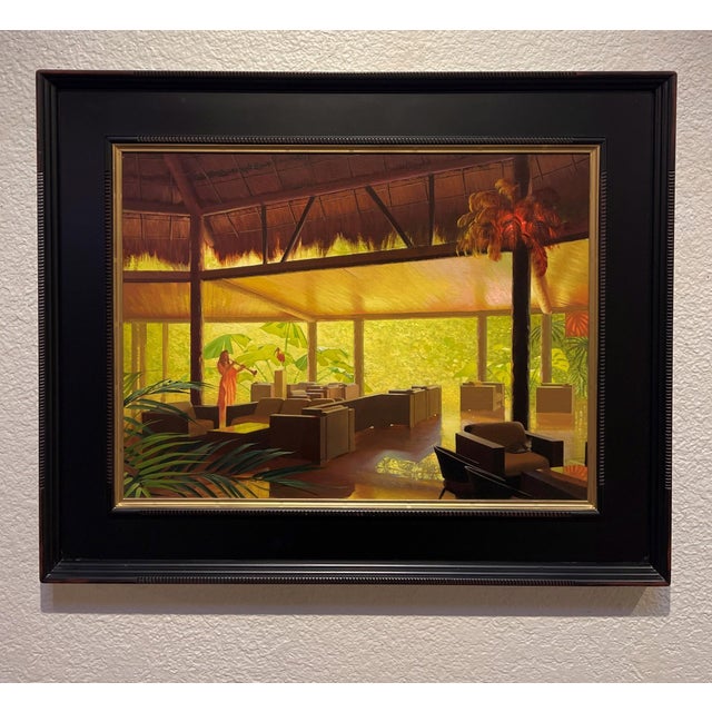 The painting depicts a serene interior space bathed in warm, golden light, where a figure plays a scarlet ibis, creating a...
