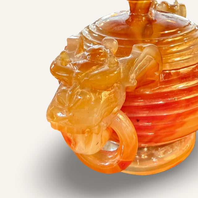 Gemstone 19th Century Carved Asian Carnelian (Agate) Vessel With Dragon Handles and Rings For Sale - Image 7 of 8