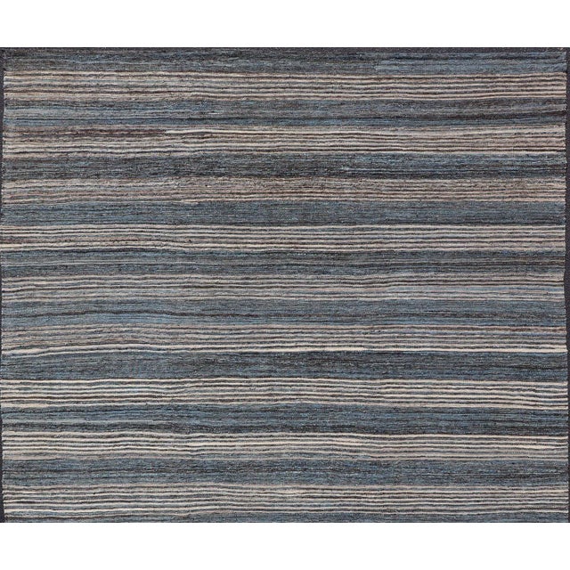 Measures: 9'0 x 12'2 Modern Afghan Kilim Rug in Deep Blue and Gray Horizontal Stripe Design9'0 x 12'2. Keivan Woven Arts /...