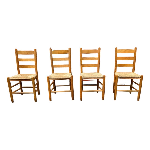 Late 20th Century Vintage High Ladder Back Oak Rush Seat Dining Side Chairs. Set of 4 For Sale